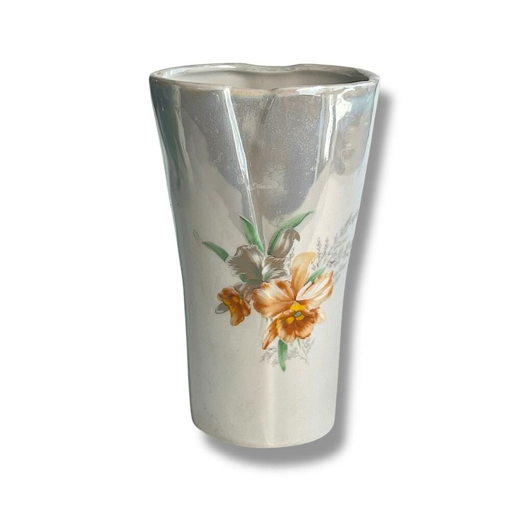 Vintage Orange & White Luster Floral Vase